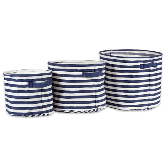 DII® Round Stripes PE-Coated Herringbone Woven Cotton Laundry Bin Set